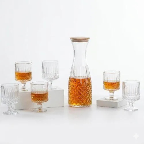 Carafe et 6 verres à pied, cristal ciselé