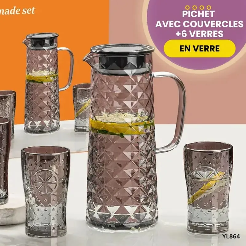 Pichet à couvercle et 6 verres en verre fumé